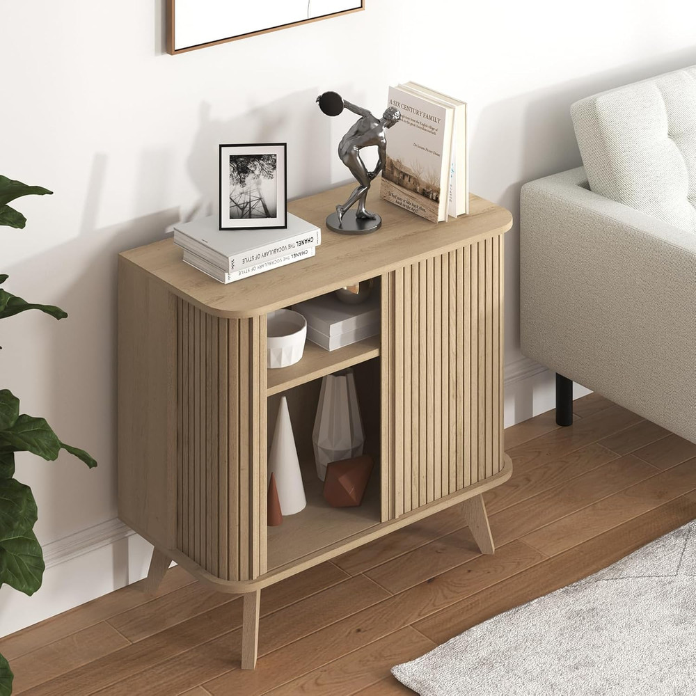Modern Fluted Sideboard Buffet Cabinet with Sliding Doors & Storage Shelves