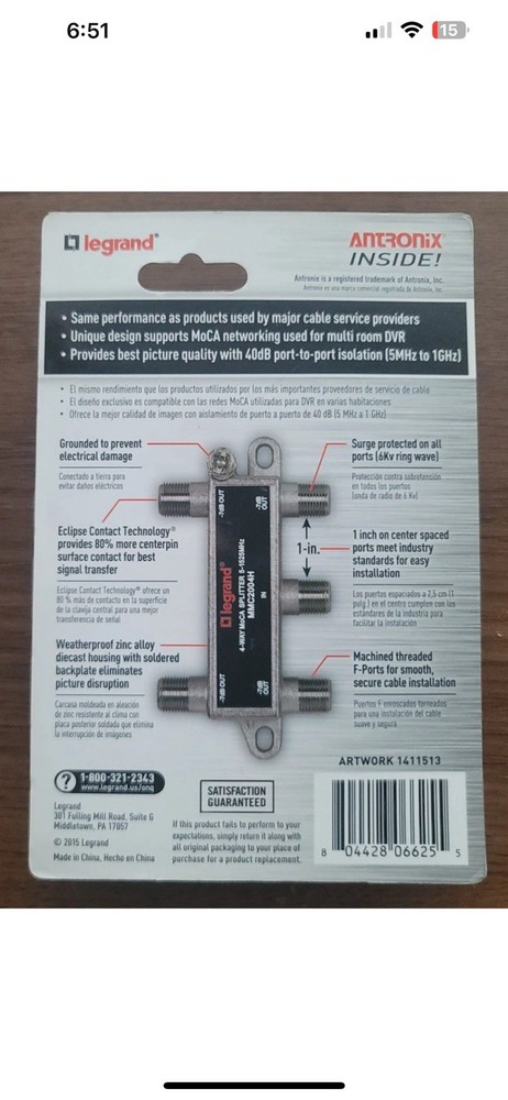 LEGRAND 4 WAY DIGITAL CABLE SPLITTER Pro Grade