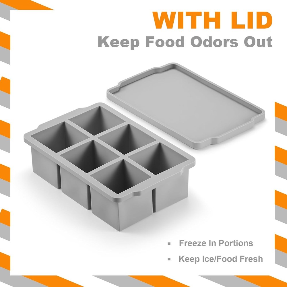 Nax Caki Large Ice Cube Tray with Lid Pack of 2, Stackable Big Silicone Square I