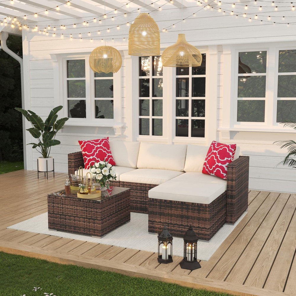 5PC Patio Sectional Sofa Set Rattan Conversation Set w/ Storage Table