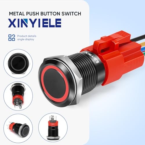 16MM Latching 12V Push Button Switch On Off,Waterproof with Black Shell Red LED