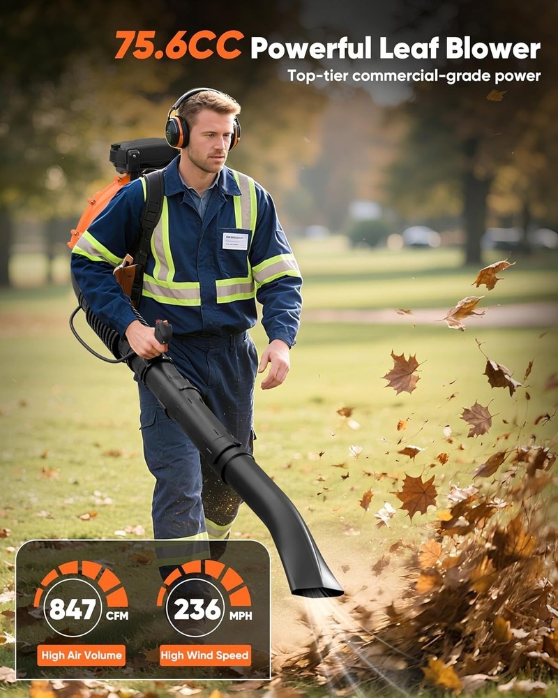 Leaf Blower 75.6cc 2-Stroke Backpack Gas Powered Leaf Blower 847CFM 236 MPH