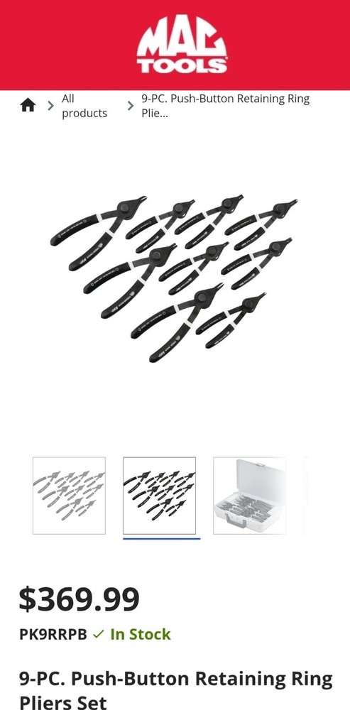 Mac Tools PK9RRPB 9pc Push-Button Retaining Ring Pliers Set