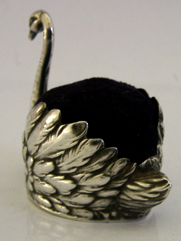 BEAUTIFUL GERMAN SOLID SILVER SWAN PIN CUSHION SEWING NEEDLEWORK c1900