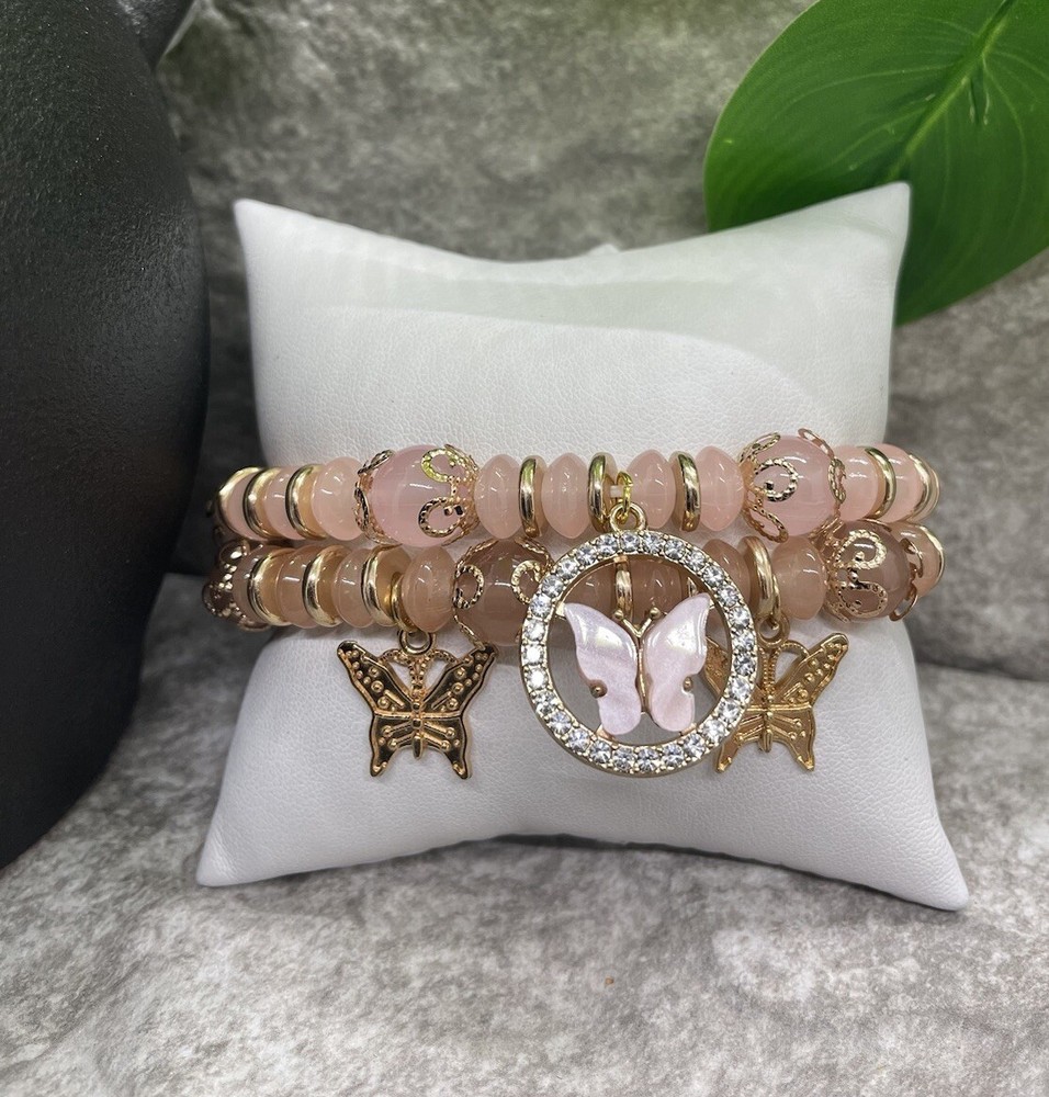 2 PC Handmade Boho  Beaded Stackable 6.5” Plus Stretch Bracelet Set New B1179