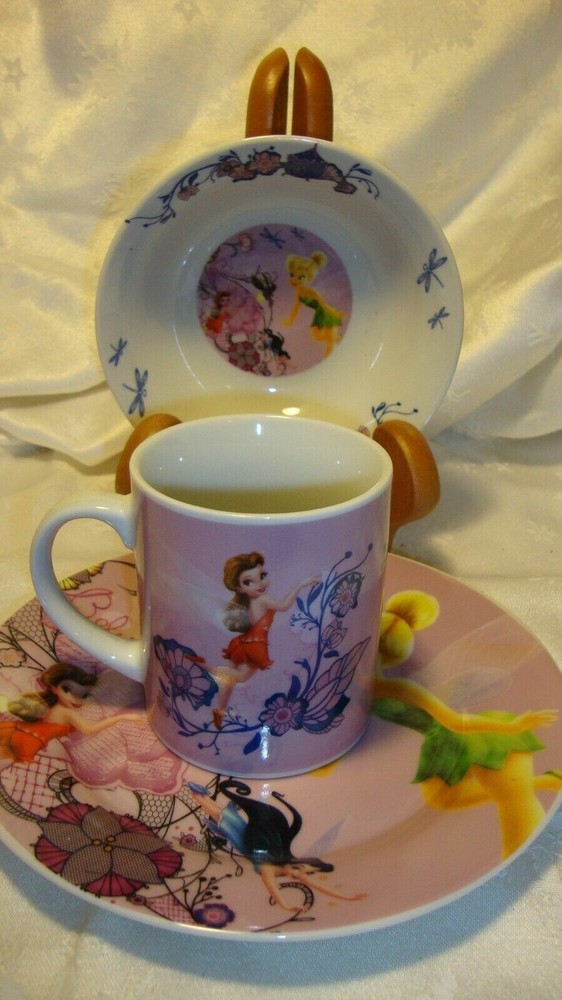 Disney Pixie Fairies Tinkerbell Ceramic 3 Piece Dinnerware Set- New - Free Ship