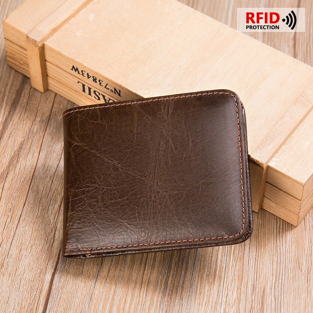 Mens Leather Bifold Wallet RFID Blocking Vertical Horizontal Brown