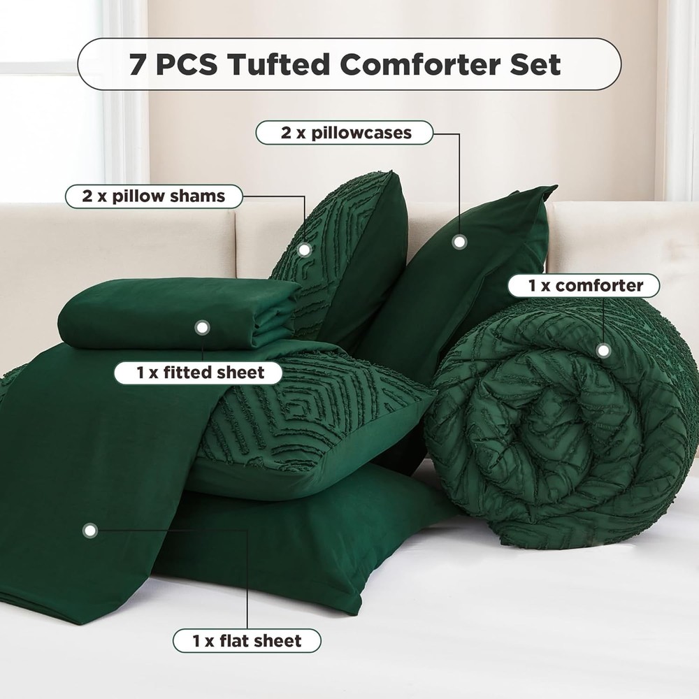 King Size Comforter Set 7 Pieces Dark Emerald Green - Bedding Sets