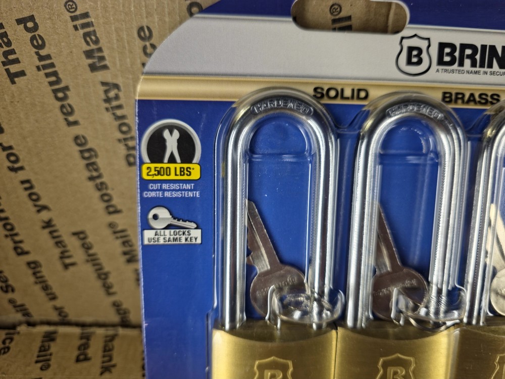 Brinks Solid Brass Padlock, 40mm Body, 2-1/2 inch Shackle, 4 Pack Keyed Alike.