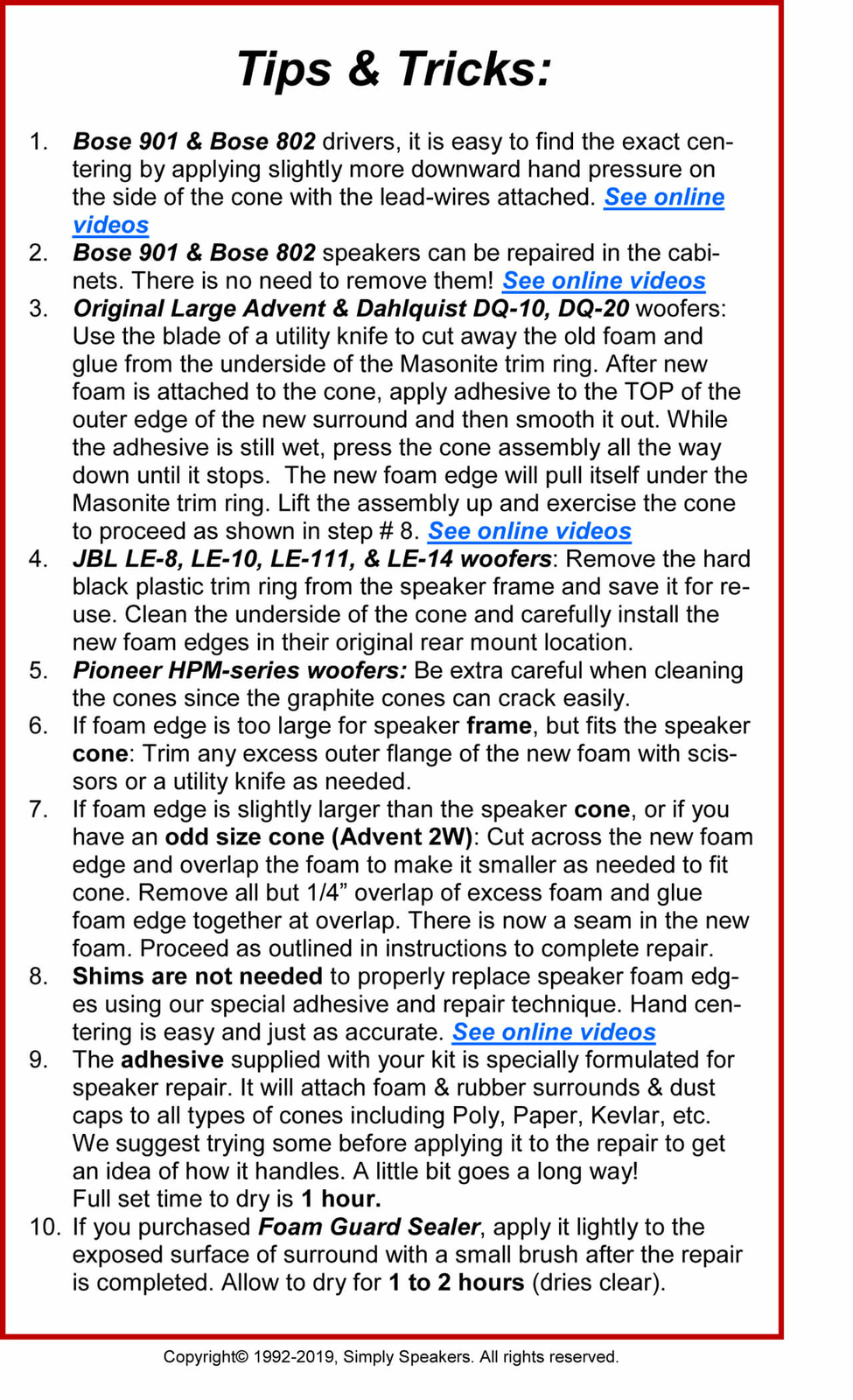8" Butyl Rubber Speaker Surround Repair Kit RUBBER Woofer Edge Kit # RSK-8