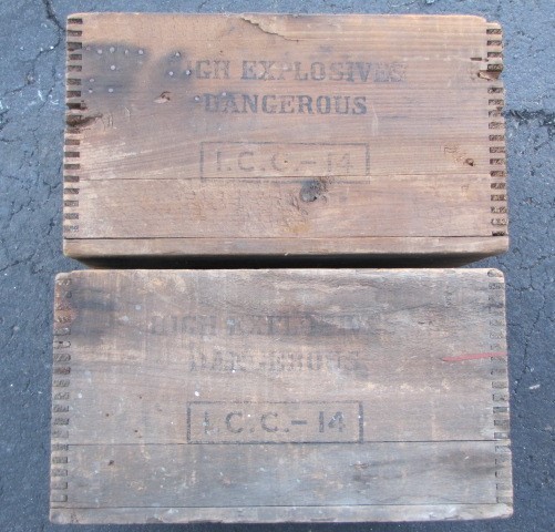 a Pair (2) Antique DUPONT 25lb Red Cross DYNAMITE BOXES High Explosives CRATES