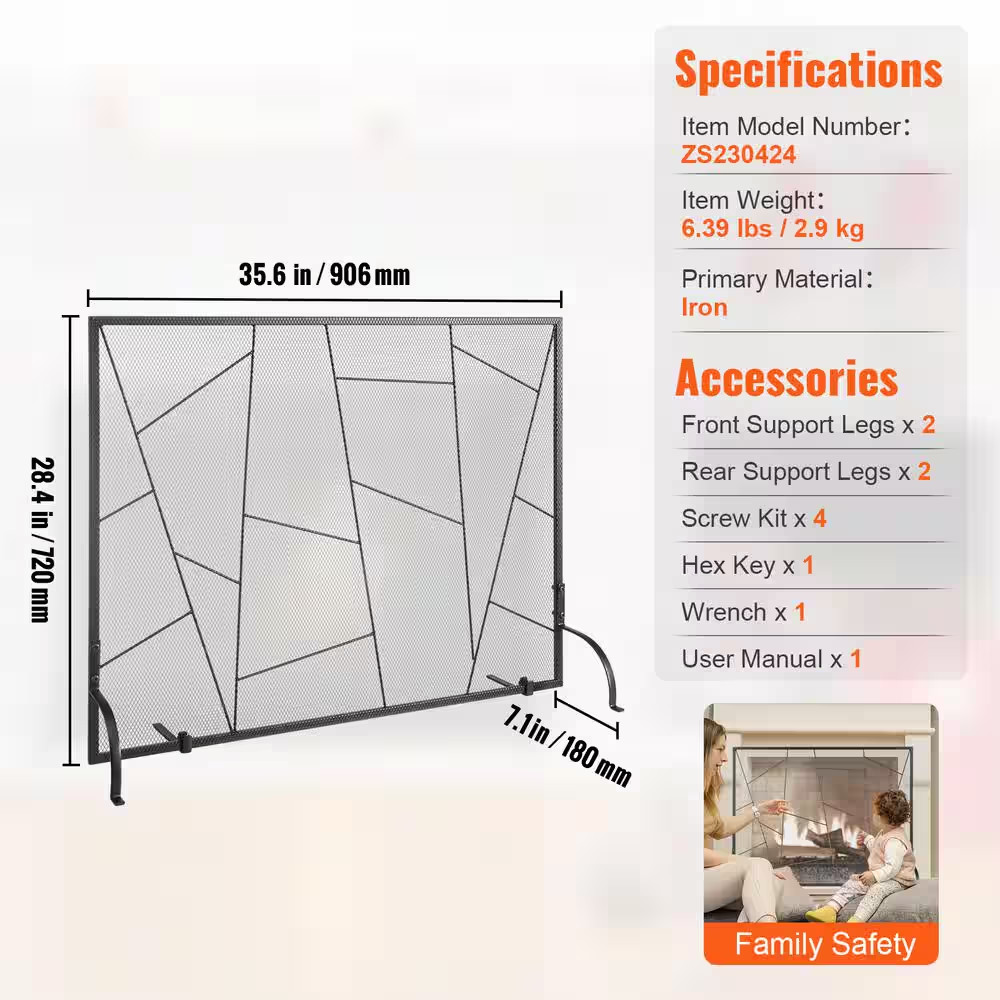 Single Panel Fireplace Screen Iron Mesh Free Standing 36 x 28 in