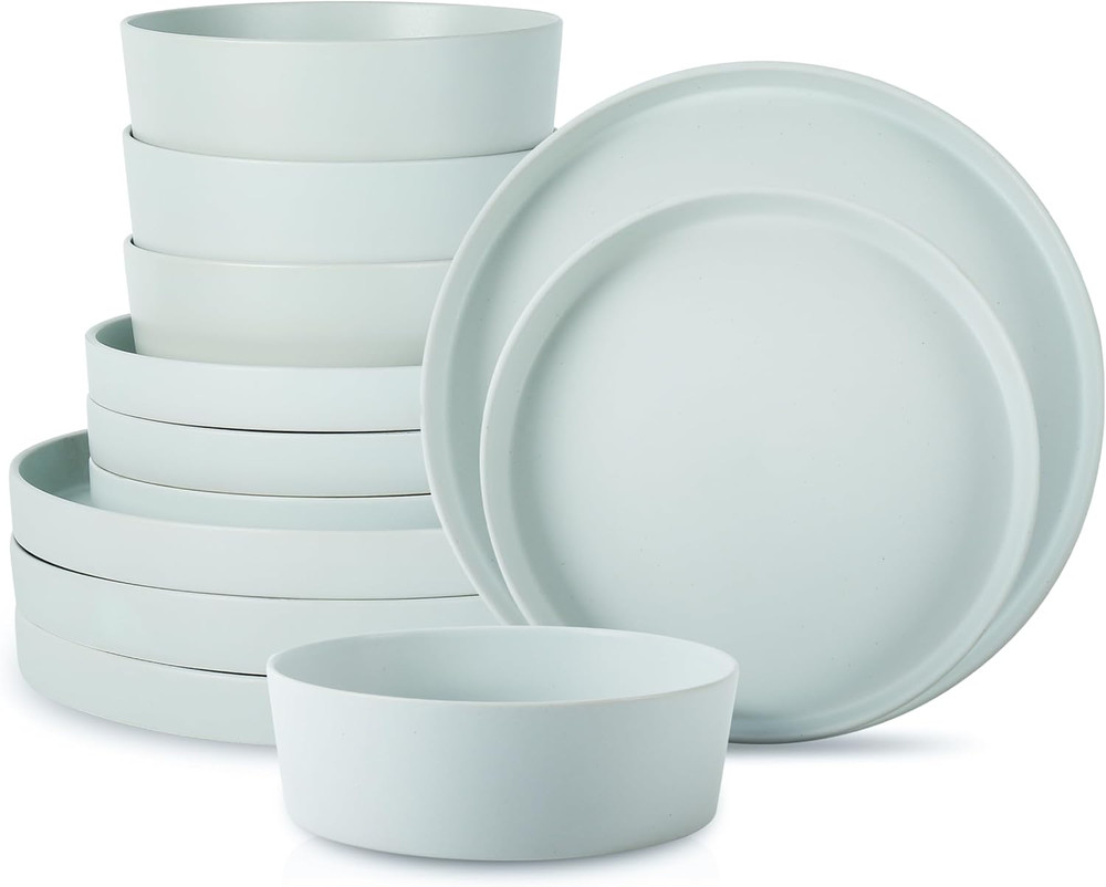 MODAN 12-Piece Stoneware Dinnerware Set, Plates and Bowls Sets, Dish Set for 4,