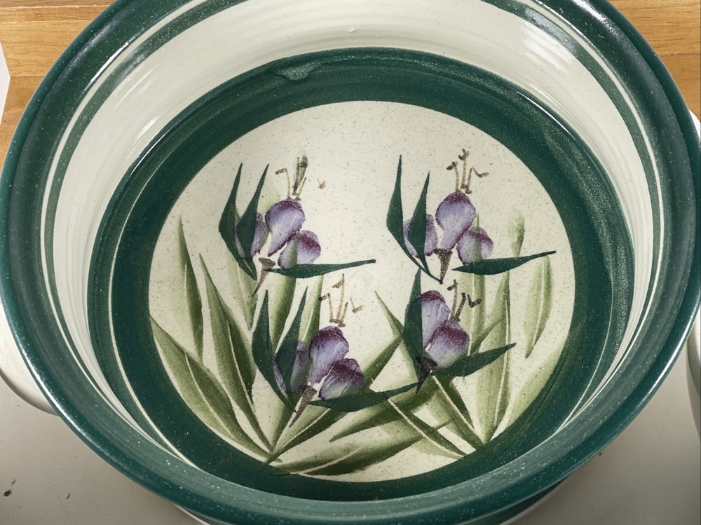 VTG Hand Thrown Studio Signed Pottery Iris 10" Serving Dish & 2 Cup shaped Bowls
