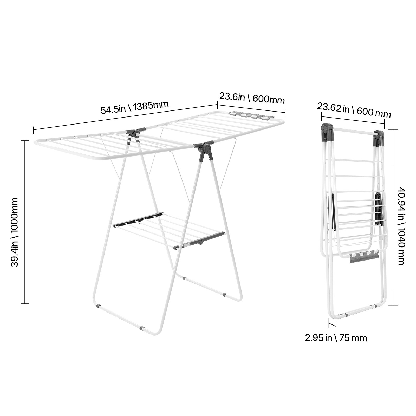 2-Tier Foldable Clothes Drying Rack with Sock Clips & 21 Drying Rods White