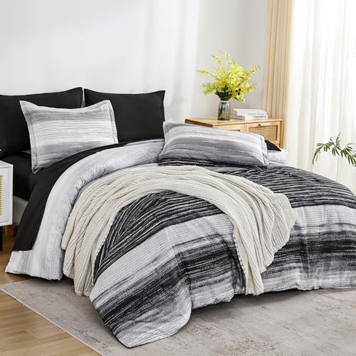 Comforter Set 7 Pieces, Striped Comforter Bedding Set for All Queen Black