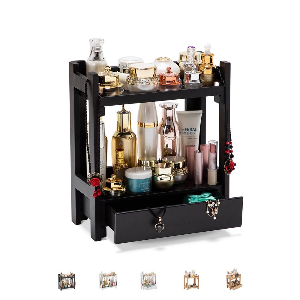 Makeup Organizer with Drawer, Black Vanity Storage Box, Multi-Purpose Storage...