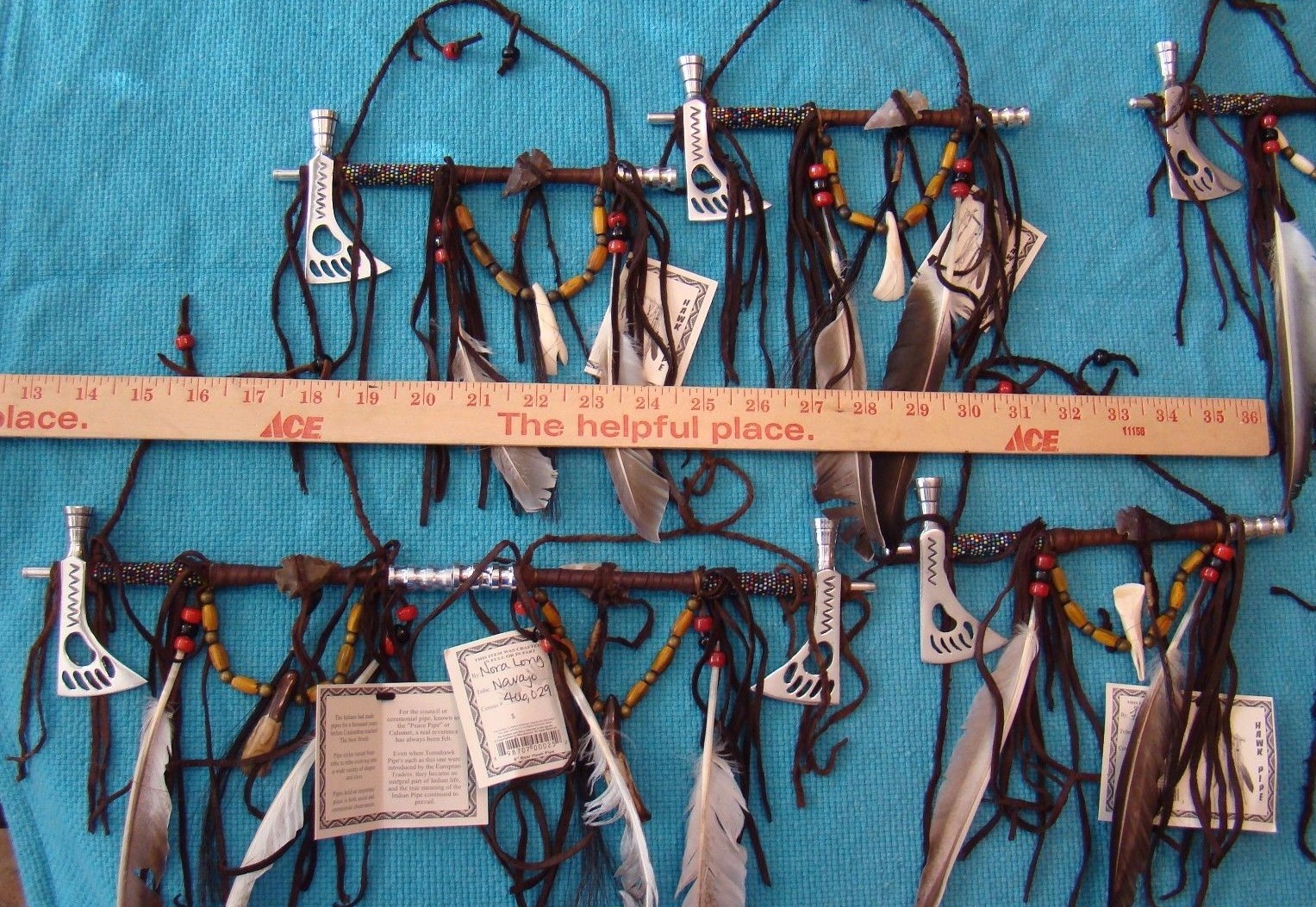 1-ONE Navajo Peace pipe 8" Long w/2 six" feathers, different color beads Works!!