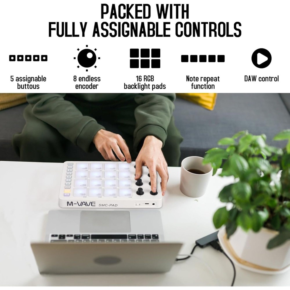 M-WAVE Midi Controller - Bluetooth USB Pad - 16 Drum Pads, 8 Knobs, Rechargeable