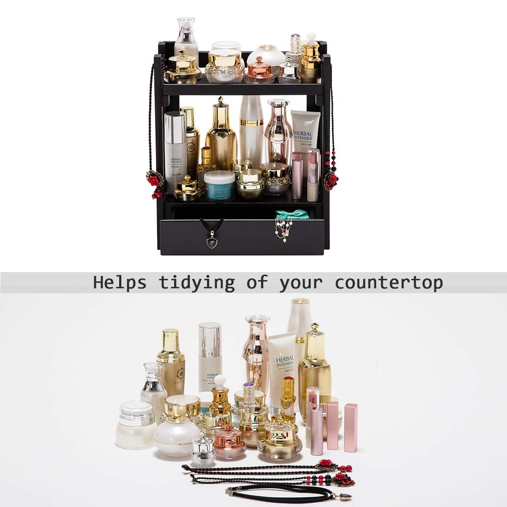 Makeup Organizer with Drawer, Black Vanity Storage Box, Multi-Purpose Storage...