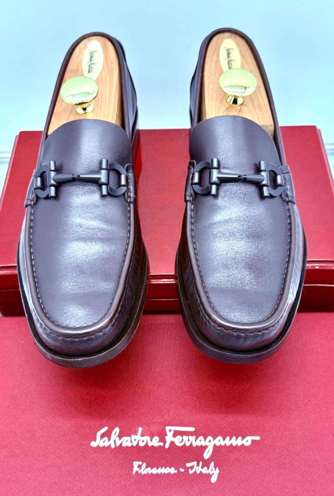 Ferragamo Mens Brown Loafers 10 Gancini Horse Bit Leather Luxe Shoes