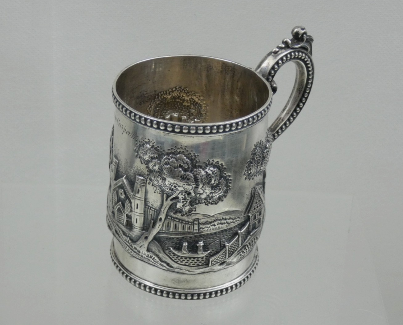 ANTIQUE AMERICAN COIN SILVER MUG CUP HAND CHASED REPOUSSE ARCHITECTURAL sterling