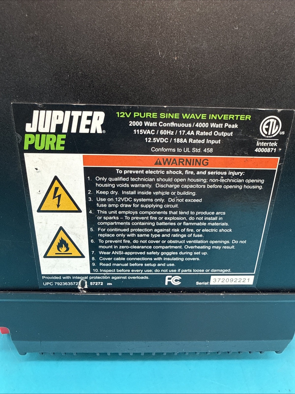 Jupiter Pure 2000W Sine Wave Power Inverter w/ Transfer Switch 57272 Untested