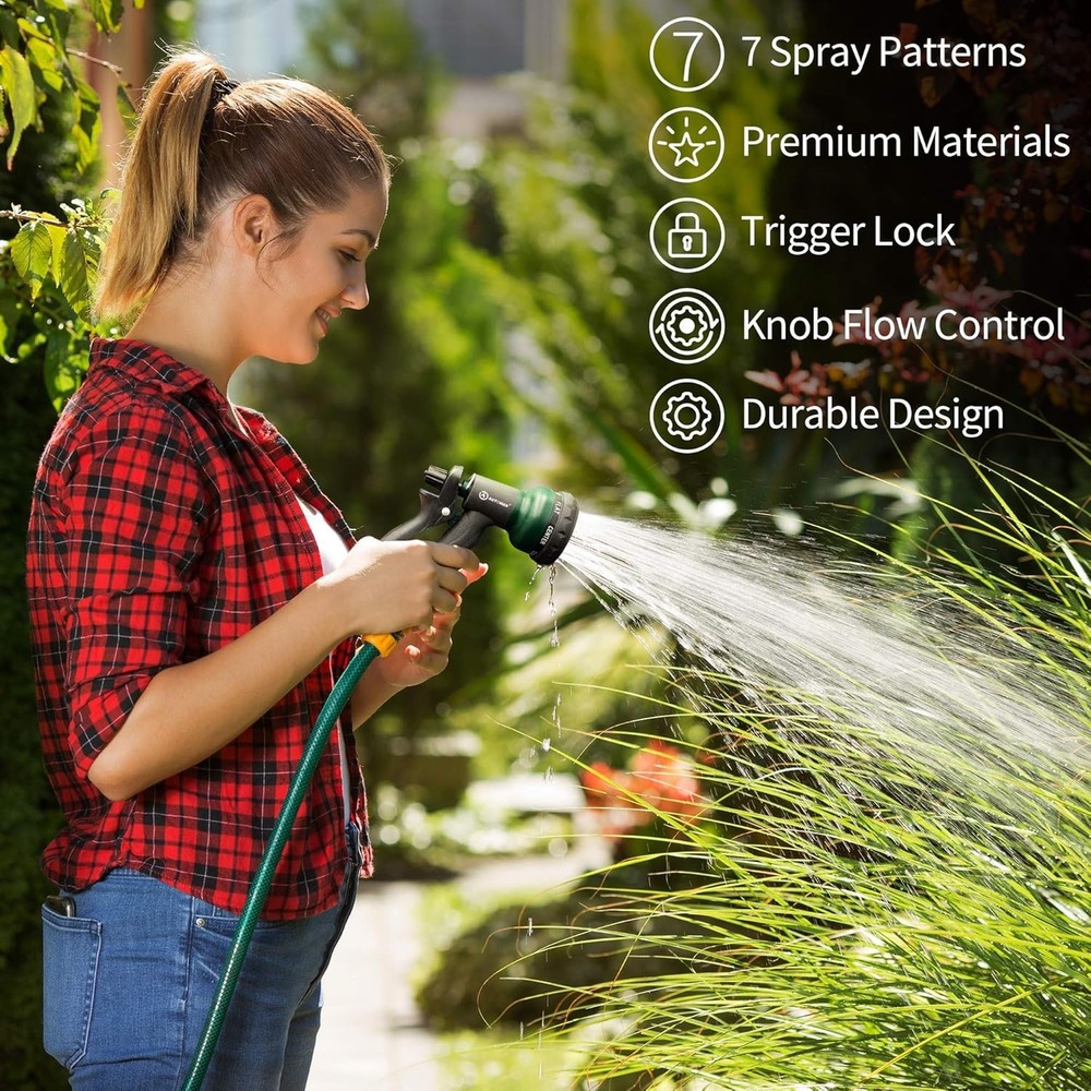 ABS Garden Hose Nozzle with 7 Adjustable Spray Patterns - Dark Green