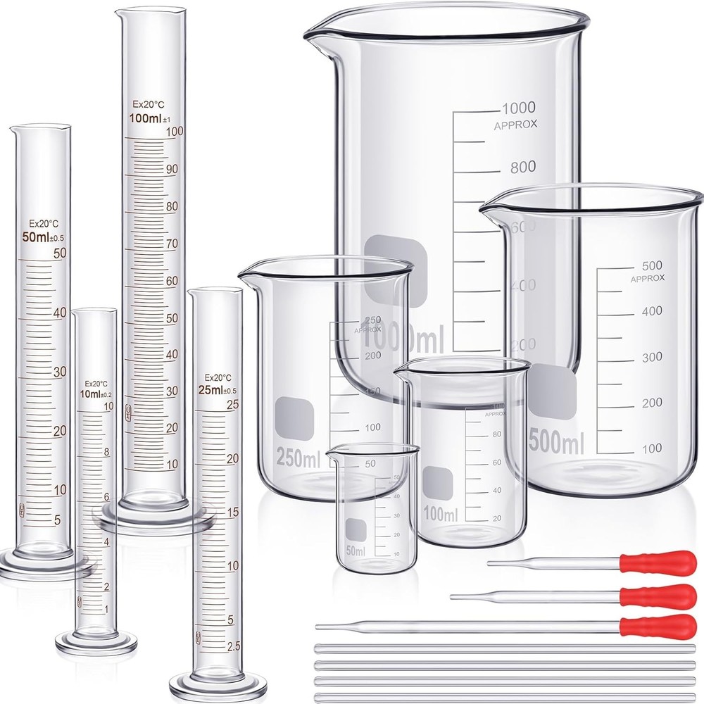 Thick Borosilicate Glass 9-Pc Graduated Cylinder and Beaker Set for Experiments