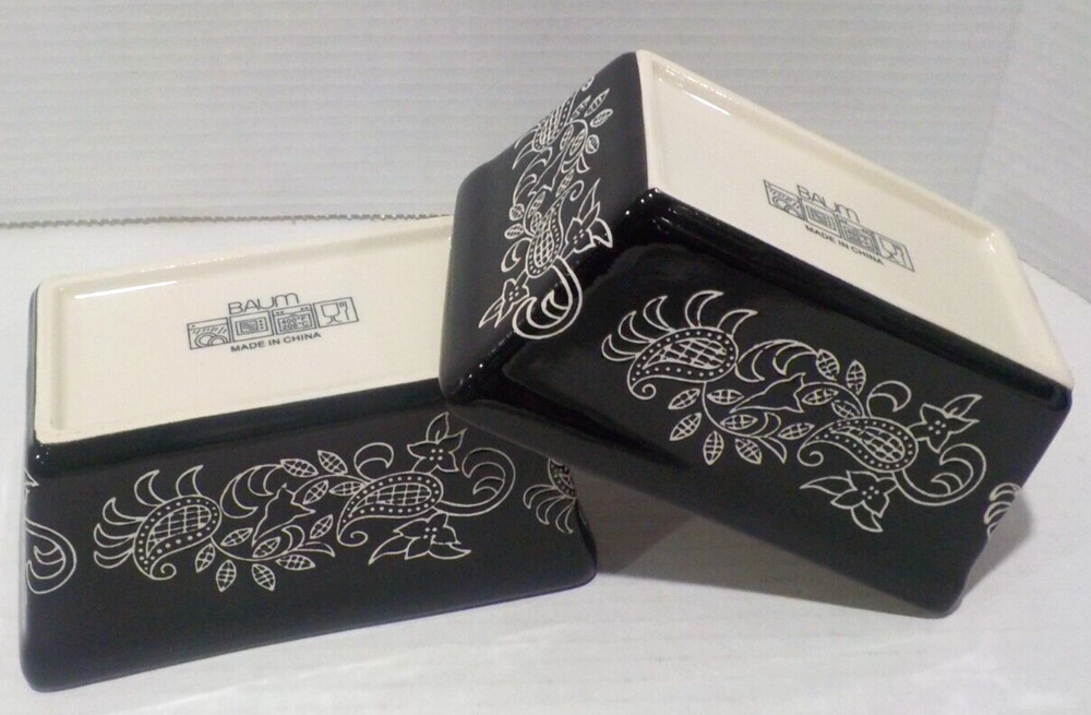Lot 2 BAUM Small Rectangular LOAF Bakeware Dish Black White PAISLEY 6.5x4x3 *EUC