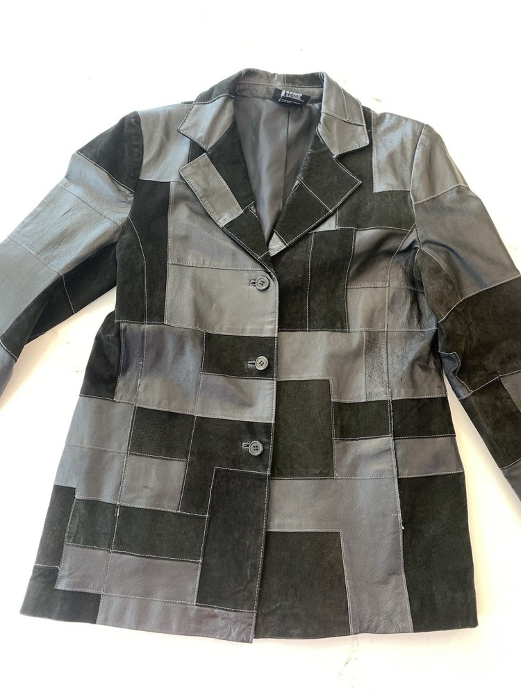 Black Patchwork Leather Jacket By Dennis Basso Women's Size Small Button Up