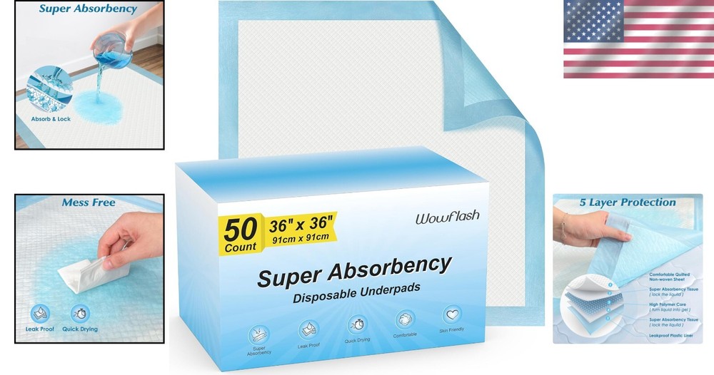 50 Pack 36” x 36” Super Absorbent Disposable Underpads – Leakproof & Quick Dry