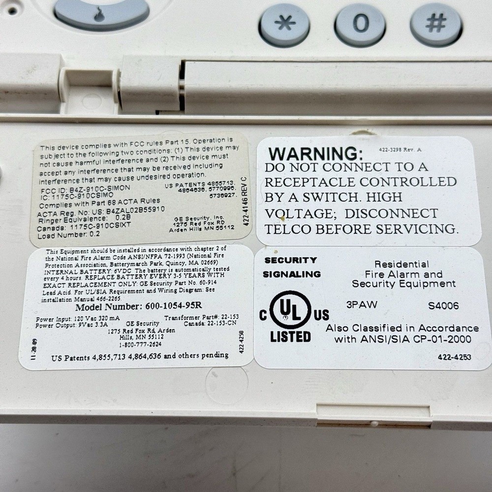 GE SIMON XT 600-1054-95R Wireless Security Panel And Power Supply