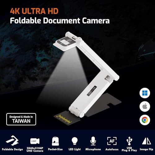 4K USB Portable Document Camera/Webcam/Visualiser—13MP Ultra HD, INS-Flip 4
