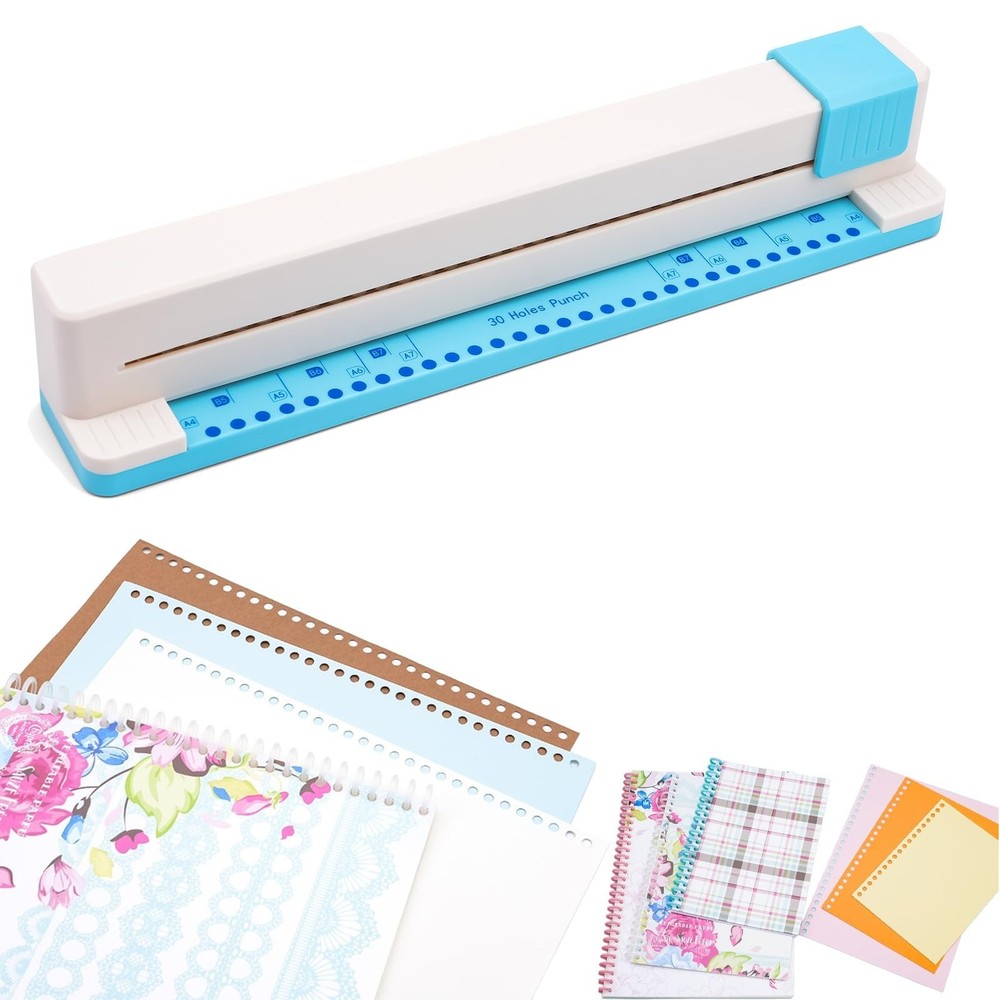 30-Hole Paper Punch & Binding Machine for A4 A5 A6 Binders, Portable 5-Sheet Cap