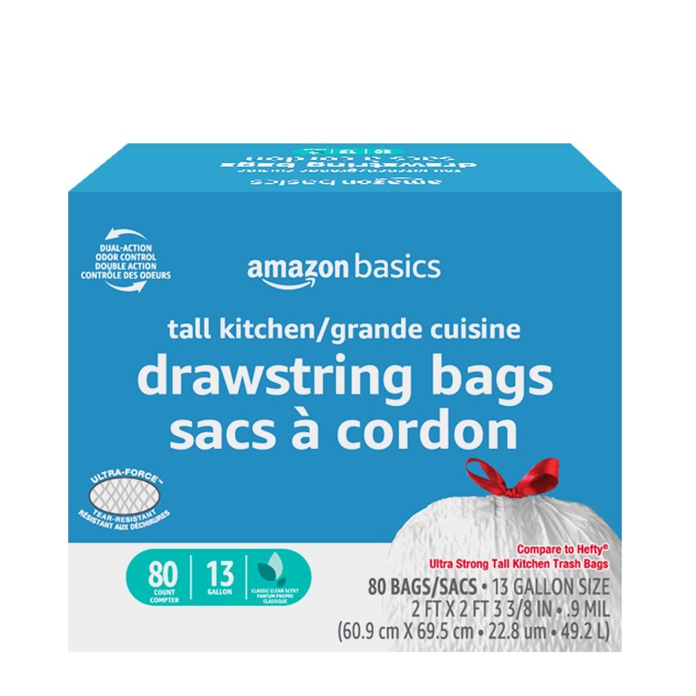 Amazon Basics Ultra-Force Tall Kitchen Drawstring 1 Count (Pack of 80), White