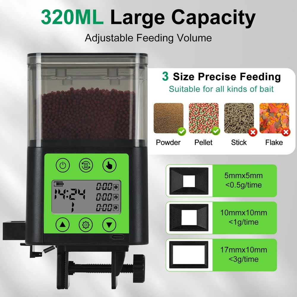 Lychee Automatic Fish Feeder - USB Rechargeable 320ML Large 320ml, Black