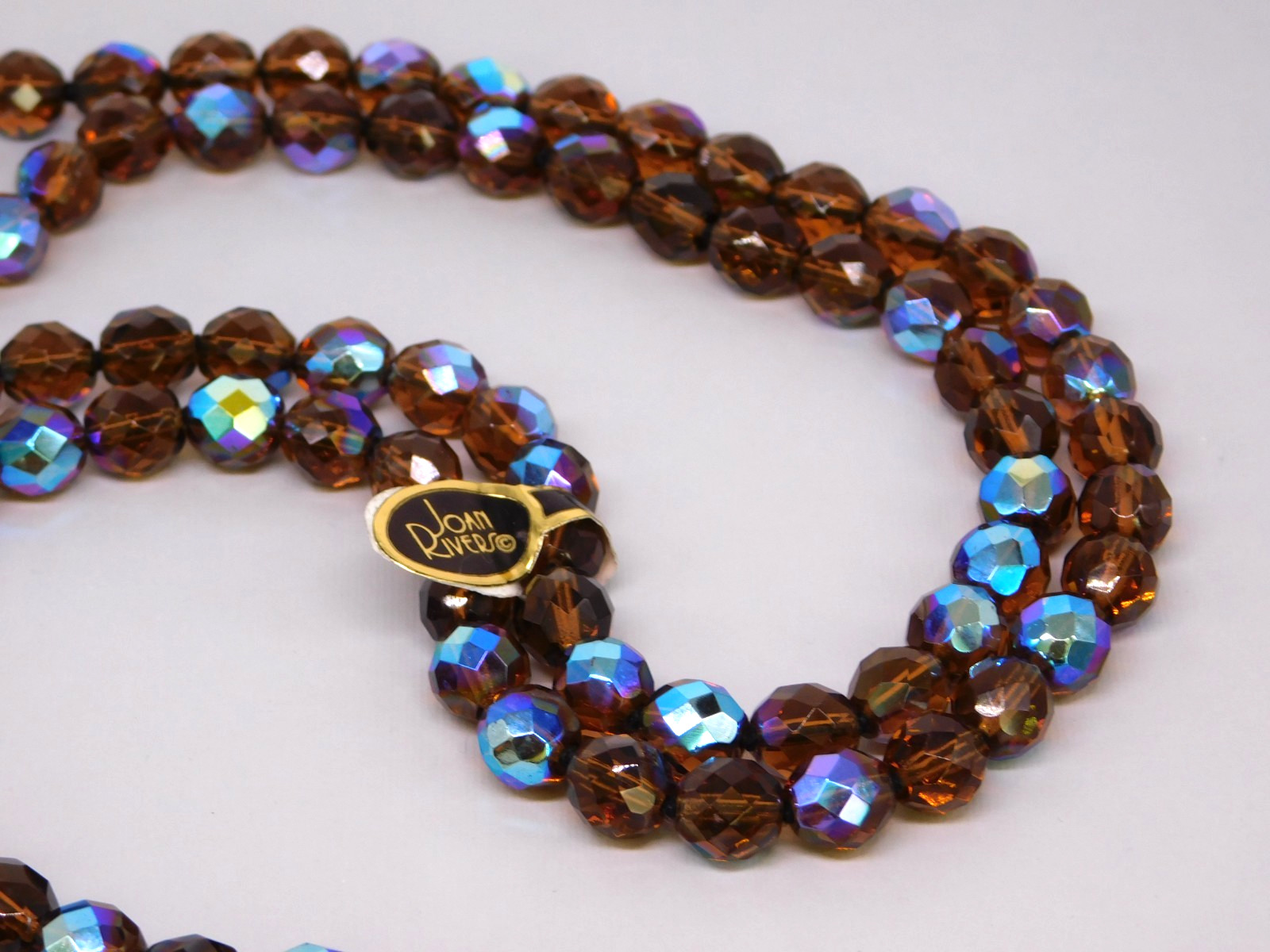 Vintage JOAN RIVERS Lariat Tassel Necklace Brown AB Faceted Beads Flapper NWT