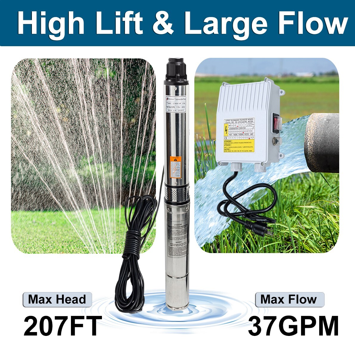 4''Deep Well Submersible Pump 1HP 207' 37GPM 110V Stainless Steel w/ Control Box