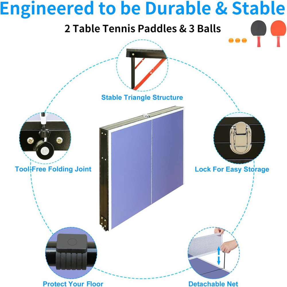 Foldable Ping Pong Table with Net Paddles Balls Compact Portable Game Table