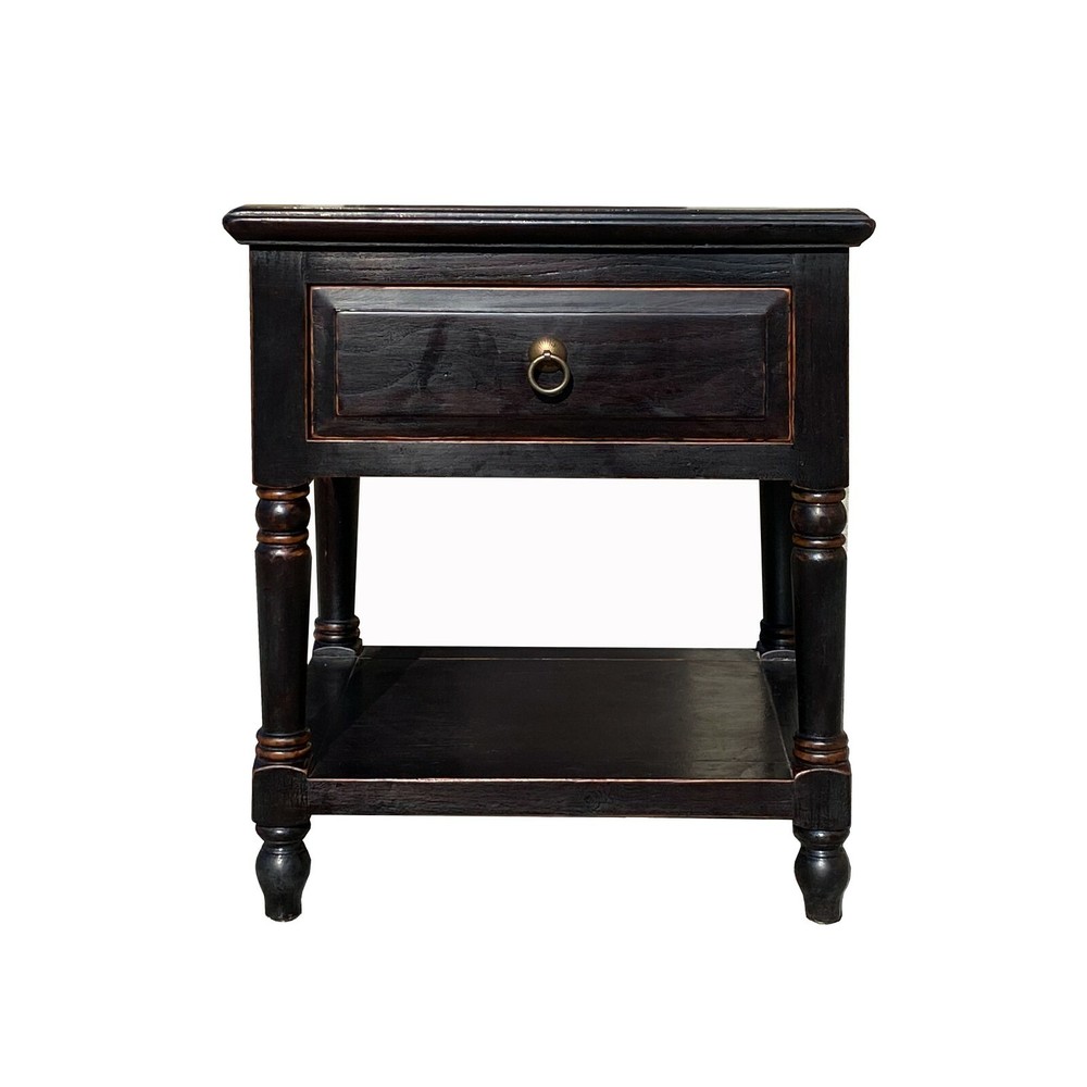 Oriental Distressed Black Brown Lacquer Drawer End Table Nightstand cs7249