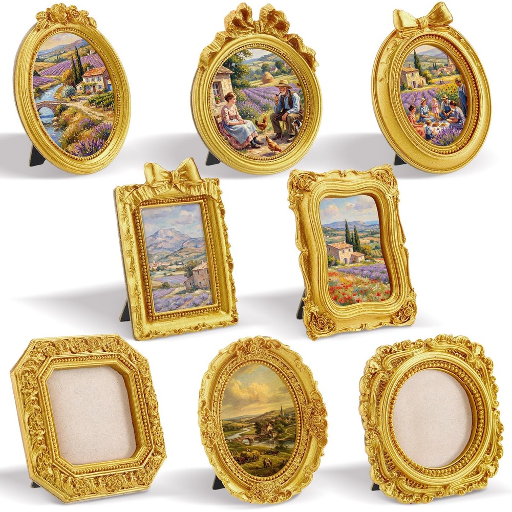 8 Pcs Vintage Picture Frames Set Gold Tiny Picture Frames Wallet Size Baroque...