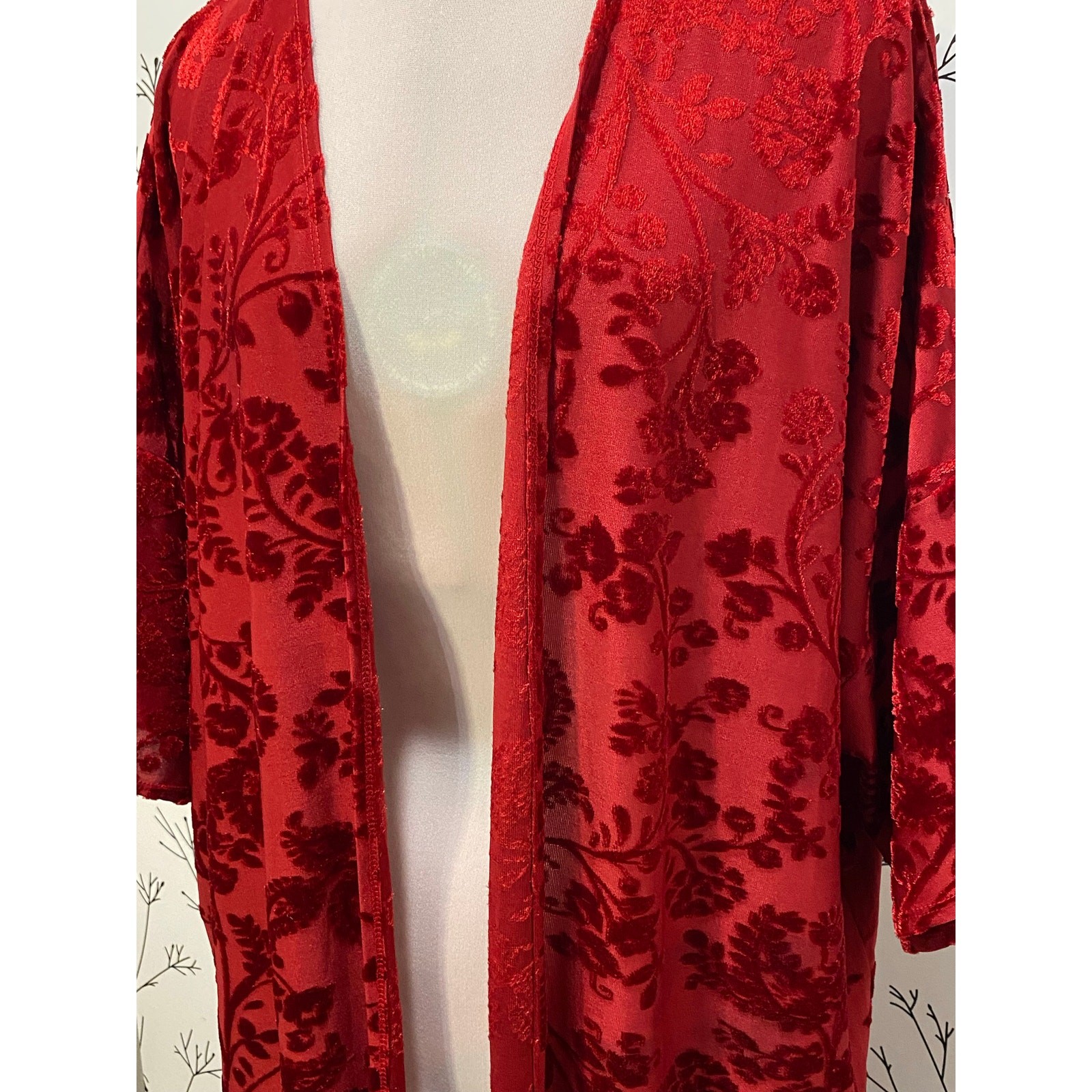 Gypsies & Moondust Red Velvet Burnout Kimono Black Fringe Medium