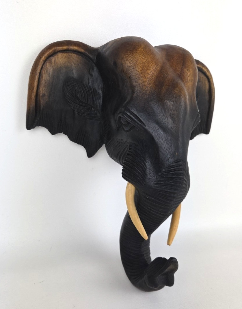12” Wooden Thai Elephant Head Hand Carved Hanging Wall Home Decor Boho Gift