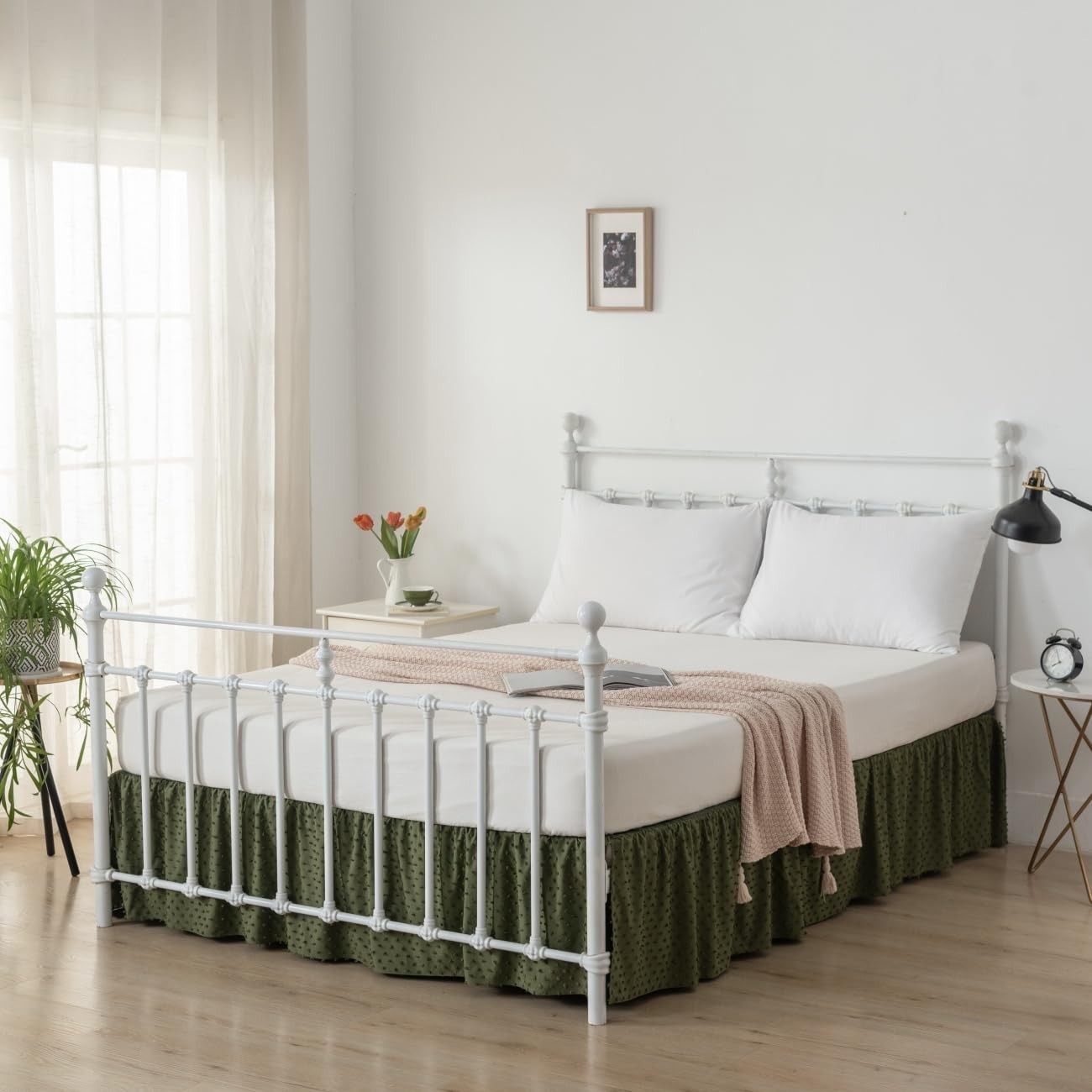 Tufted Dot Bed Skirt Queen Size Ruffled Bed Skirt with Split Corners, 12 Inch...