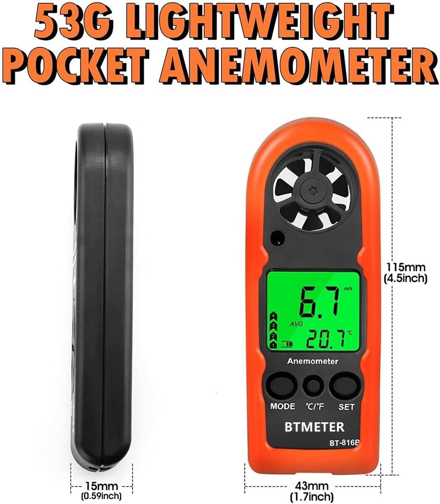 Anemometer Handheld Wind Speed Meter, BT816B Mini Digital Air Flow Meter with...