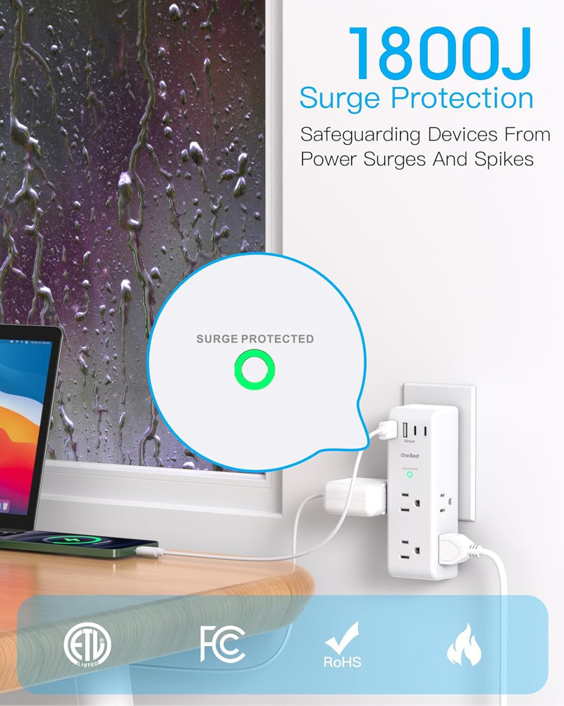 Surge Protector Outlet Extender - with Rotating Plug, 6 AC Multi Plug Outlet wit