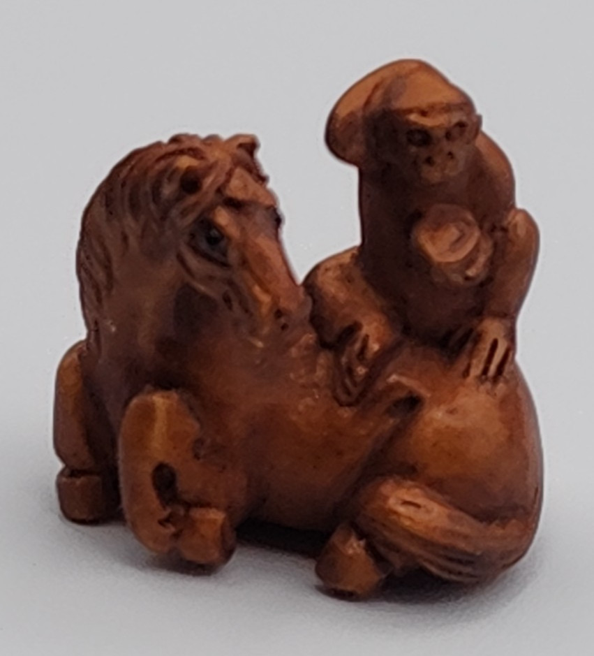 Ojime Bead? Carved Wood Monkey on Horse 2.5 cm Wide x 2.5 cm Tall Signed