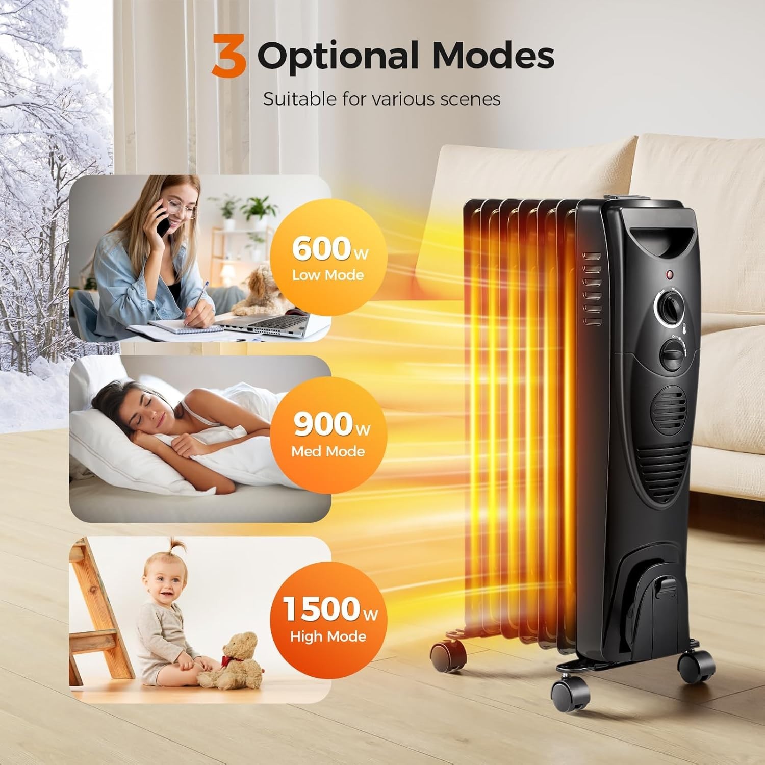 Portable Electric Radiator Heater, Oil Filled with 3 Heat Settings, Adjustable