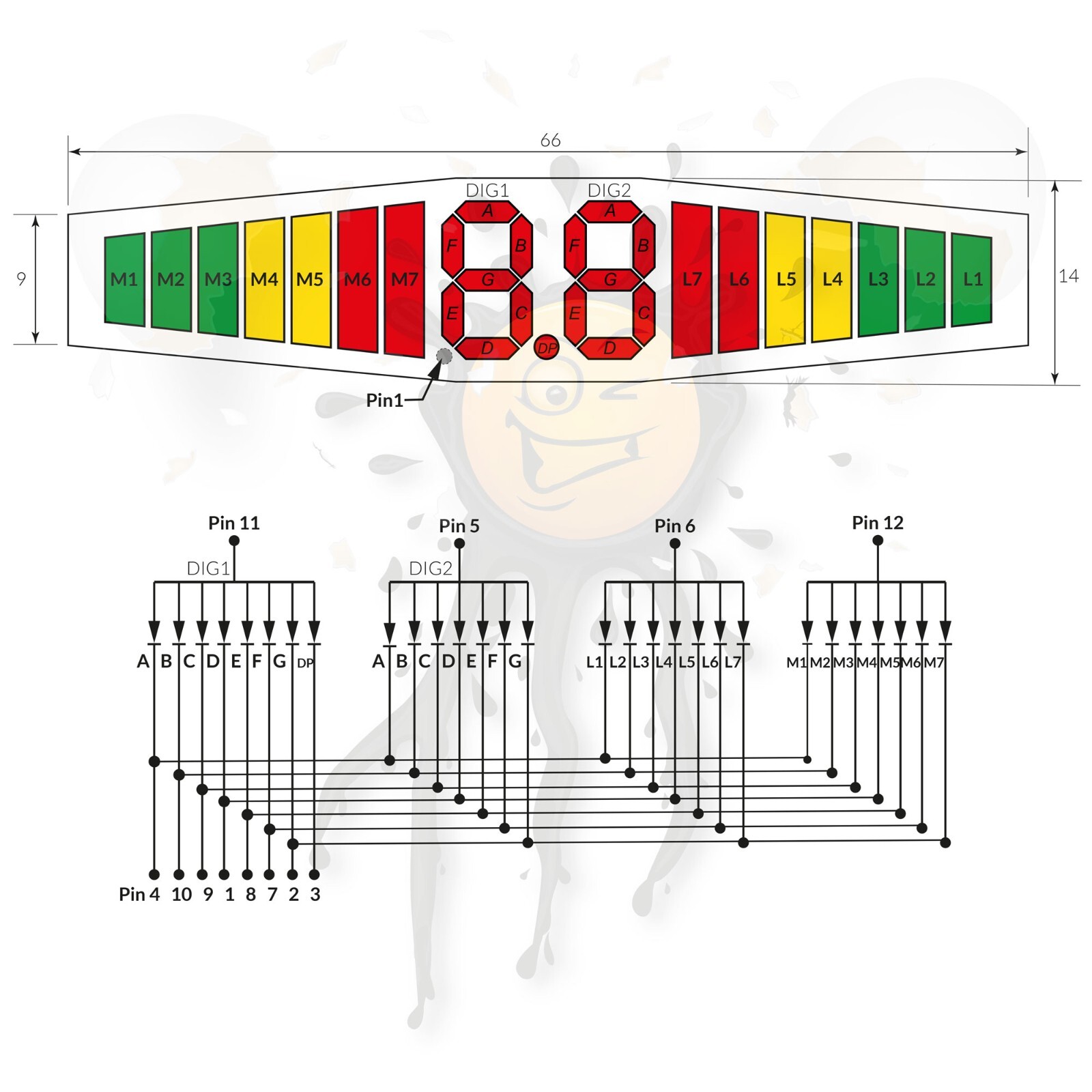 Distanz Anzeige rot/red gelb/yellow grün/green LED bar graph + 7 Segment digit